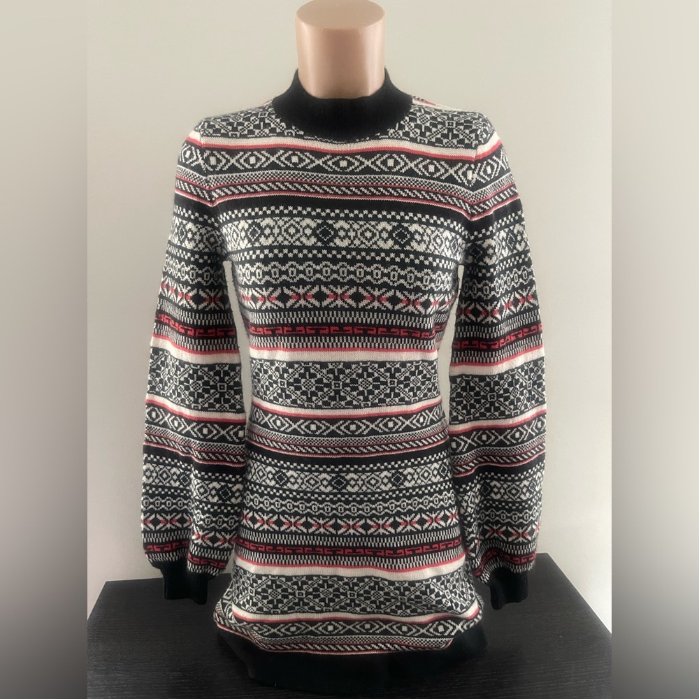 Free People Faero Balloon Sleeve Fair Isle Sweater Knit Mini Dress Black Red